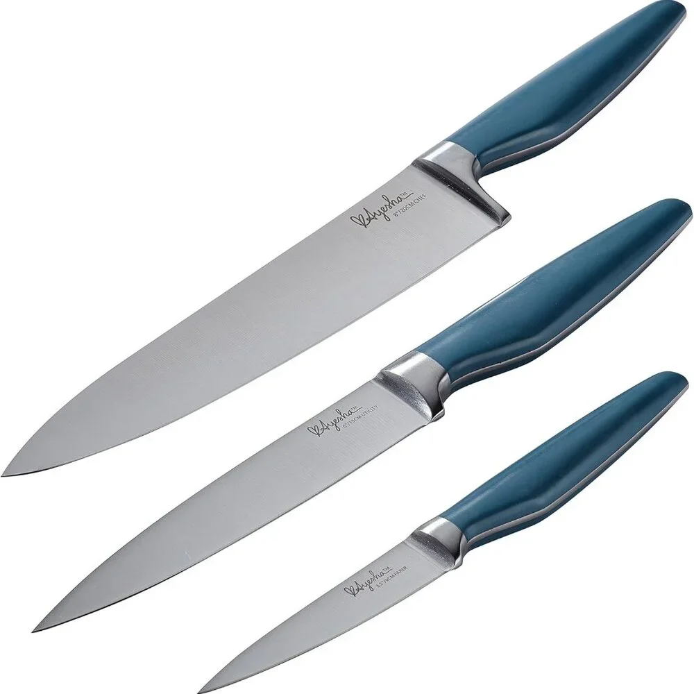 3pc Ayesha Curry Cutlery Japanese Steel Cooking Knife Set in Twilight Teal Blue